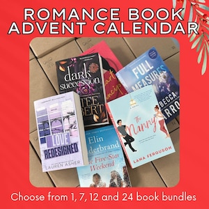 May include: A collection of romance novels in various colors and designs, including "Love Redesigned", "Dark Succession", "The Nanny", and "Full Measures". The books are arranged on a brown cardboard surface. Choose from 1, 7, 12, and 24 book bundles.