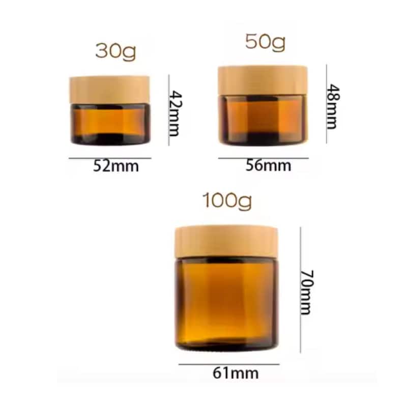 PACK OF 4 - 30g 50g 100g Amber Glass Cream Jar Natural Bamboo Cap ECO ...