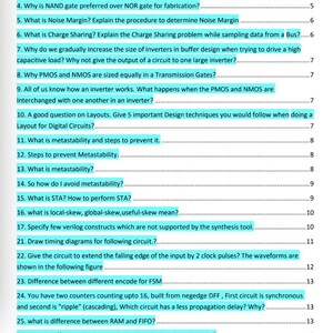Peut inclure: Une liste de questions et de réponses relatives à la conception numérique, y compris des sujets tels que la mise en porte d'horloge, le latchup, la marge de bruit, le partage de charge, la métastabilité et l'analyse statique du délai (STA). Les questions sont numérotées de 1 à 30.