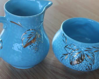 WADE art-deco melkkan en suikerpot gouden turquoise braamstruik vintage
