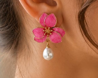 Pink Flower Pearl Earrings, Emerald Floral Drop Earrings, Gold Trim Statement Earrings, Botanical Wedding Jewellery, Summer Party Jewelry