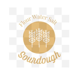 Könnte beinhalten: Ein brauner Kreis mit drei weißen Weizenähren darin. Der Text "Flour Water Salt Sourdough" umgibt den Kreis.