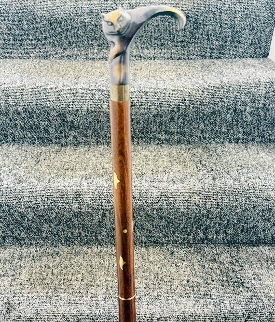 Antique Style Cat Handle Victorian Inlaid Wooden Walking Cane Stick Uk ...