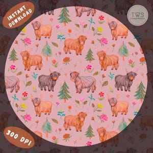Highland Cow Seamless Pattern, Digital Download, Surface Pattern, Repeat Fabric Tile, Hand Drawn Seamless Pattern for Fabric Printing, Paper