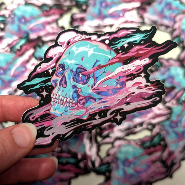 Psychedelic Skull Floating in Outer Space MATTE METALLIC Vinyl Sticker