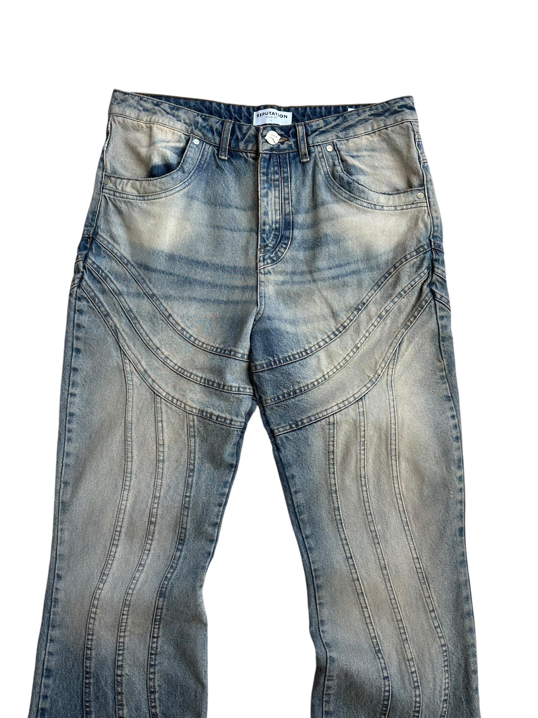 Reputation Studios Panel Jeans Size L Distressed Raw Hem Flare Y2K