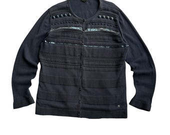 Escada Navy Blue Embellished Button-Front Cardigan Sweater Size XL
