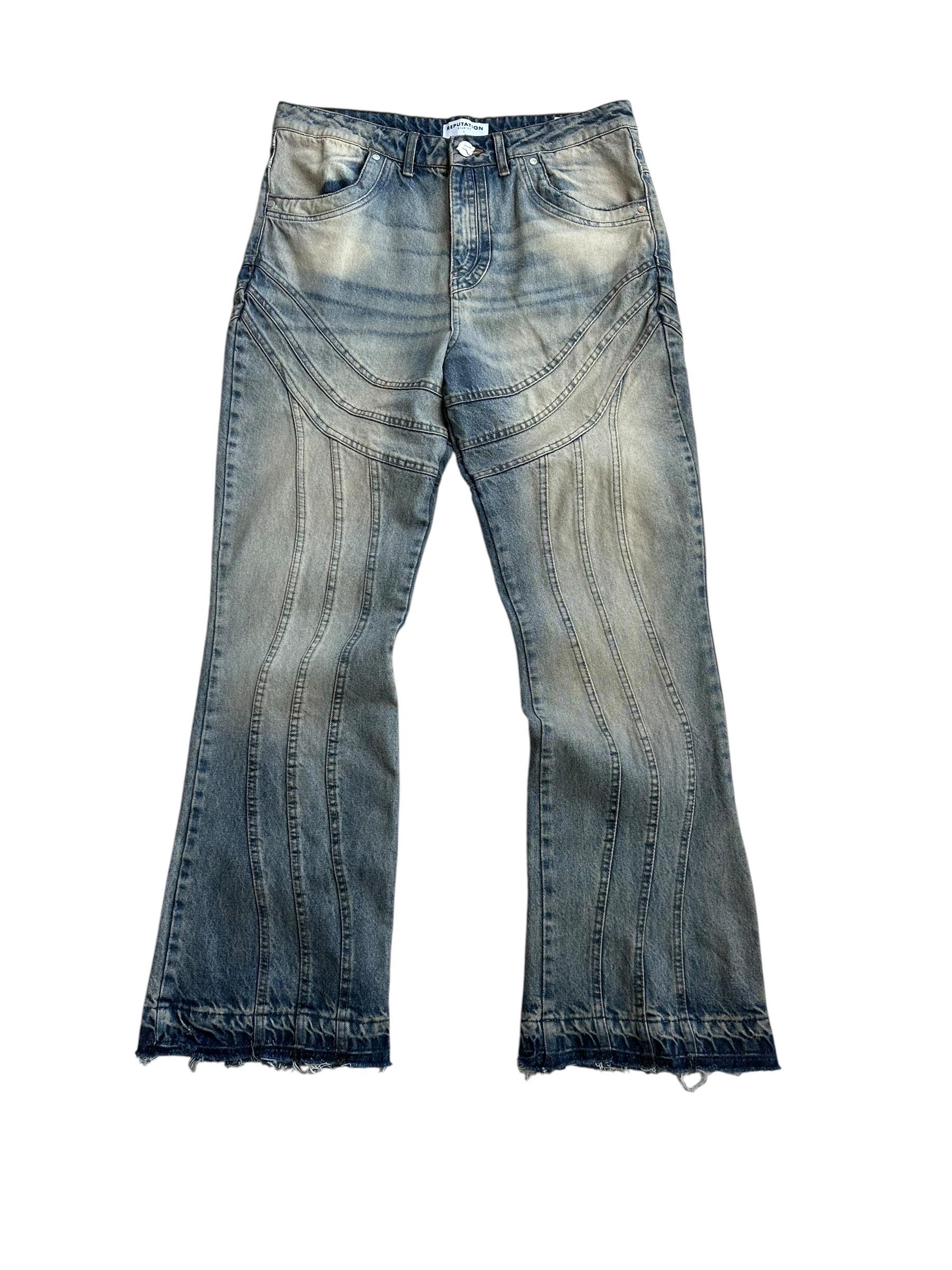 Reputation Studios Panel Jeans Size L Distressed Raw Hem Flare Y2K