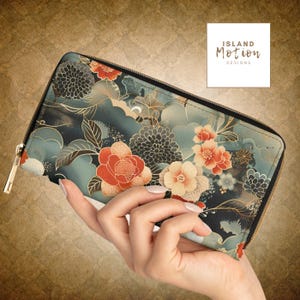 Cartera con cremallera Serenity de seda floral japonesa, cartera japonesa, cartera para teléfono floral, cartera asiática con cremallera dorada, ¡cuero sintético 100 % LIBRE DE CRUELDAD!