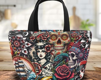 Bolsa de almuerzo Americana Tattoo estilo retro, bolsa isotérmica, lonchera vintage con diseño de tatuaje, bolsa de almuerzo reutilizable inspirada en Ed Hardy.