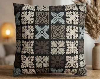 Hawaiian Quilted Block Faux Suede Pillowcase, Ulu Fern Anthurium Plumeria Decor