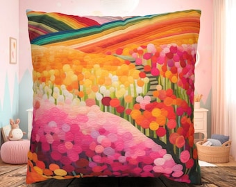 Fronha de camurça sintética com estampa floral colorida em patchwork, vibrante, com inspiração em jardins e campos de flores abstratos. Almofada quadrada com decoração boho e alegre.