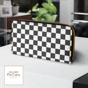 Cartera con cremallera dorada a cuadros en blanco y negro, cartera skater, cremallera a cuadros, estampado Schachbrett, piel sintética, cartera para teléfono