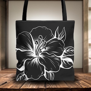 Hawaiian White Hibiscus Canvas Tote Bag, Black and White Tropical Hibiscus Tote Bag, Hawaiian Floral Bag, Hula Bag, Halau Bag, Aloha Bag