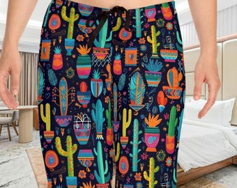 Colorful Cactus Pajama Pants with drawstring, Boho Desert Lounge Pants, Cute Succulent Sleepwear, Soft Comfy PJ Bottoms, Gift for Her