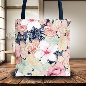 Hawaiian Plumeria Tote Bag, Tropical Floral Beach Bag, Island Style Shopper Tote, Summer Flower Bag, Reusable Market Bag, Vacation Tote Gift