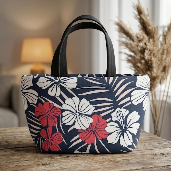 Blaue hawaiianische Blumenlunch-Tasche, isolierte Tasche, tropische Blumen-Lunchbox für Frauen, Strandpicknick-Lebensmittelbehälter, wiederverwendbarer Lunch-Organizer