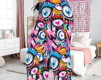 Pantalones de pijama rosas con estampado de grafiti "All Eyes On Me", pantalones de descanso estilo streetwear para mujer, pijama con estampado de ojos coloridos, pantalones de pijama suaves y cómodos, regalo para ella.