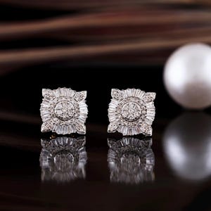 1.33 ct diamond floral earring | round and baguette diamond stud earring | anniversary gift | floral jewelry | gold earrings | gift for her