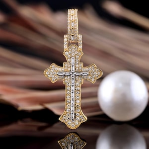Diamond Cross Pendant: 0.55 Carat Round & Baguette, Fine Jewelry