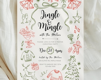 Op de afbeelding: Een witte uitnodigingskaart voor een kerstfeest met de tekst "Jingle & Mingle" in een decoratief lettertype, omringd door feestelijke kerstillustraties in rood en groen. De kaart bevat evenementdetails en RSVP-informatie.