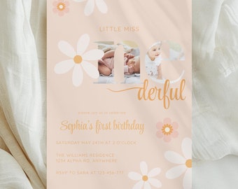 Little Miss Onederful Birthday Invitation Template | Custom Photo, First Birthday (Canva, Digital Download)