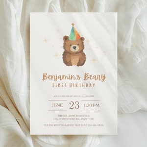Beary Erster Geburtstag Einladung Vorlage | 1. Geburtstag einladen, Gender Neutral erster Geburtstag, Junge-Geburtstagseinladung, Teddybär-Geburtstag einladen