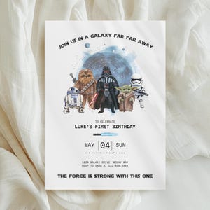 Modèle d'invitation d'anniversaire Starwars | Thème de l'espace pour le premier anniversaire, premier anniversaire, invitation Starwars pour l'anniversaire, la force est forte avec celui-ci