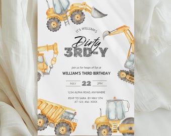Modèle d'invitation de 3e anniversaire de construction | Fête des camions à benne basculante (toile, téléchargement numérique)