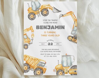 May include: A yellow and gray construction vehicle themed birthday party invitation for a boy turning three. The invitation features a watercolor illustration of construction vehicles and the text "Stop the traffic, close the road, Benjamin is turning three years old!"  The invitation also includes the date, time, and location of the party.