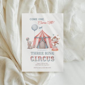 Sjabloon 3e verjaardagsuitnodiging Circus met drie ringen | Circuscarnavalthema | Uitnodiging voor derde genderneutrale verjaardagsfeestje onder de grote top