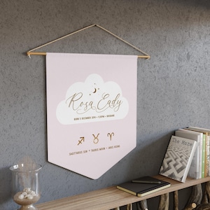 Nom de bébé fanion mural, détails de naissance, bannière suspendue personnalisée, thème du zodiaque, signes du zodiaque soleil lune levant, décoration murale pour chambre d'enfant, cadeau personnalisé