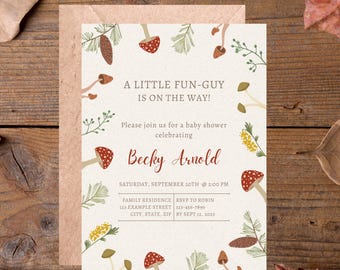 Invitación rústica para baby shower con diseño de setas: temática divertida y boscosa (descarga digital)