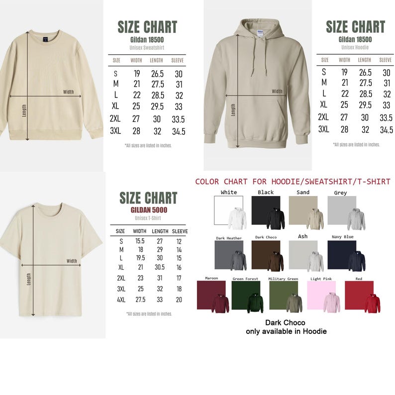 K&ouml;nnte beinhalten: Produktbild mit Gr&ouml;&szlig;entabellen f&uuml;r Gildan 18500 Sweatshirts und Hoodies sowie Gildan 5000 T-Shirts. Die Tabellen zeigen Ma&szlig;e in Zoll f&uuml;r Breite, L&auml;nge und &Auml;rmell&auml;nge. Eine Farbkarte zeigt verf&uuml;gbare Farben f&uuml;r Hoodies, Sweatshirts und T-Shirts.