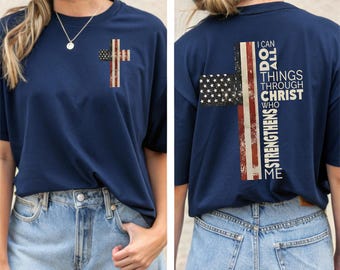 Christian American Flag Cross Hoodie, Sweatshirt & T-shirt | Faith-Based Apparel | Patriotic Christian Clothing | Religious Graphic Tee