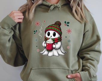 Cute Christmas Ghost With Coffee Hoodie Sweatshirt T-Shirt, Holiday Ghost Shirt, Cozy Winter Cute Ghost Apparel, Christmas Gift Idea