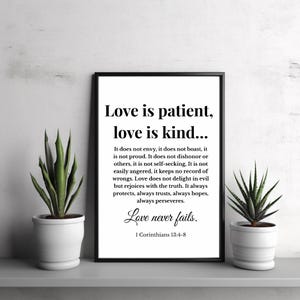 1 Corinthians 13:4-8 Wall Art, Love is Patient Scripture Print, Christian Wedding Bible Verse Decor, Unframed, Christian Dorm Poster Prints