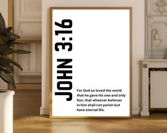 Stampa della Scrittura Giovanni 3:16, Perché Dio ha tanto amato il mondo, Download di arte murale cristiana in bianco e nero, Poster moderno e minimalista con versetto della Bibbia