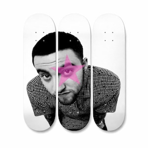 Conjunto de arte mural de patineta de Mac Miller, decoración de pared musical de 3 tablas, retrato en blanco y negro, arte callejero, decoración de habitación Hypebeast, arte de rapero