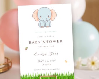 Pastel Elephant Baby Shower Invitation Template (Digital Download)