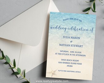 Beach destination wedding digital invitation Canva
