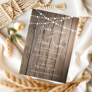 Rustic Wood String Lights Wedding Invitation, Barn Country Canva Template (Digital Download)