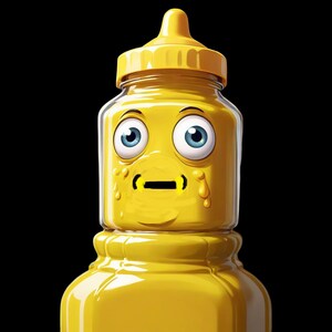以下が含まれることがあります： 黄色いプラスチック製の絞りボトルで、漫画の顔をしています。ボトルは口が広く、黄色いキャップが付いています。顔は大きな青い目、黄色い口、そして黄色い涙が頬を伝っています。