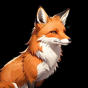 Pode incluir: Ilustração digital de uma raposa em perfil contra um fundo preto. A raposa tem uma pelagem laranja vibrante, pelo branco no peito e pescoço e um nariz preto. Seus olhos são de um amarelo-laranja quente.
