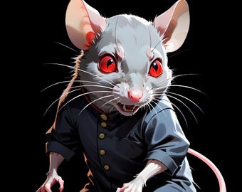 May include: An illustration of a stylized rat with gray fur, red eyes, and a dark blue uniform with gold buttons. The rat has a menacing expression with bared teeth and is set against a black background.