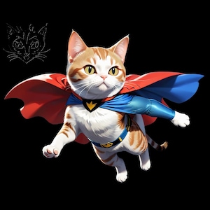 May include: A white and orange tabby cat wearing a red and blue superhero cape and costume. The cat is flying through the air with its arms outstretched.