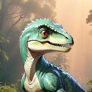 May include: A green dinosaur with a light brown eye, looking to the right, in a forest setting.