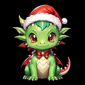 May include: A cute green dragon illustration wearing a red and white Santa hat and a red bow tie. The dragon has large brown eyes and red accents on its wings and tail. The background is solid black.