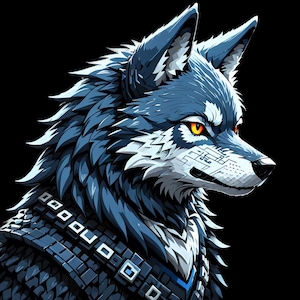 May include: A blue and white wolf with a fierce expression, wearing a dark blue and black armor-like collar. The wolf has a detailed design on its face and a bright orange eye.
