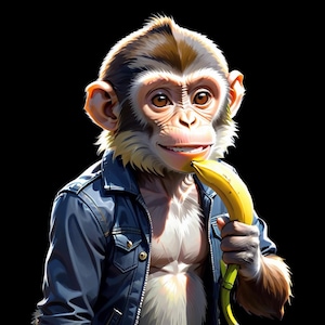 Pode incluir: Ilustração digital de um macaco usando uma jaqueta jeans azul, segurando uma banana amarela. O macaco tem olhos castanhos e pelo marrom claro e branco. O fundo é preto sólido.